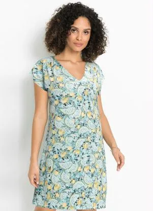 bonprix - Vestido Decote V Manga Curta Amarelo e Azul - BONPRIX