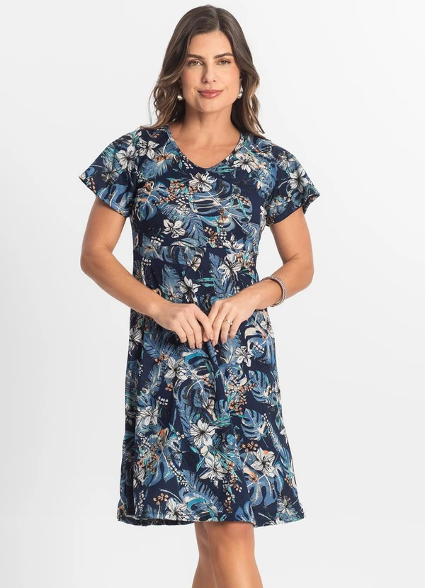 Select - Vestido Feminino Evasê Estampado Azul