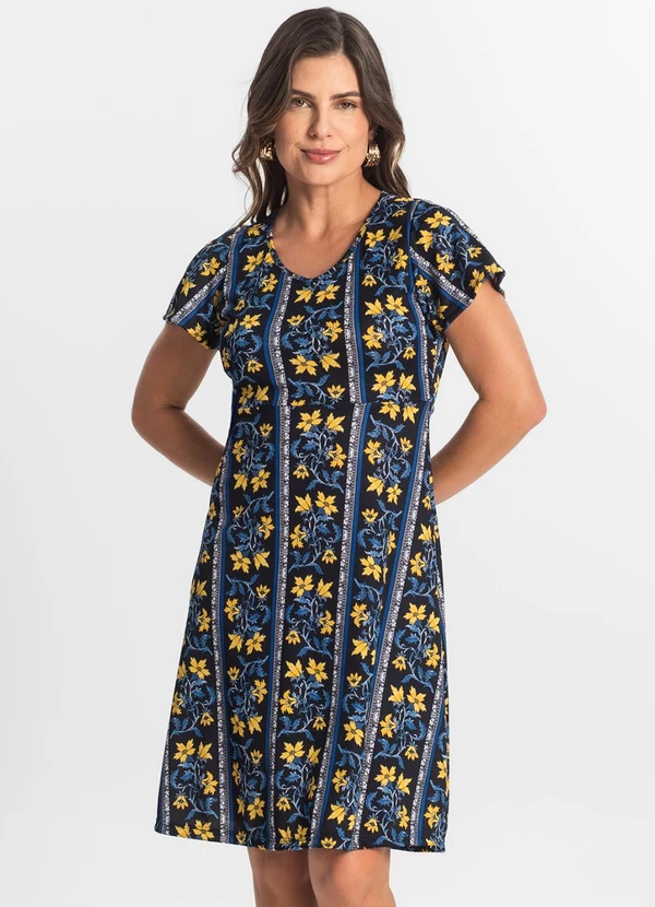 Select - Vestido Feminino Evasê Estampado Azul