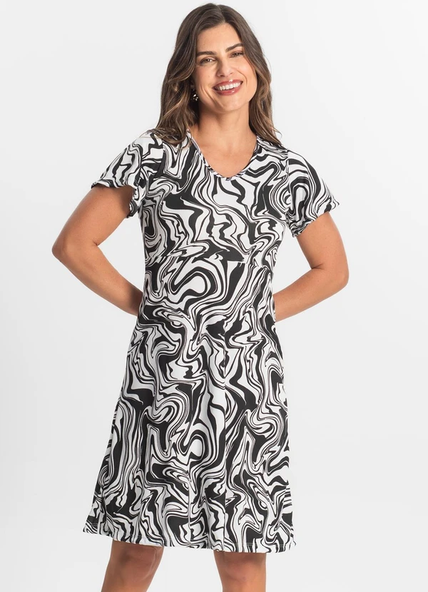 Select - Vestido Feminino Evasê Estampado Preto