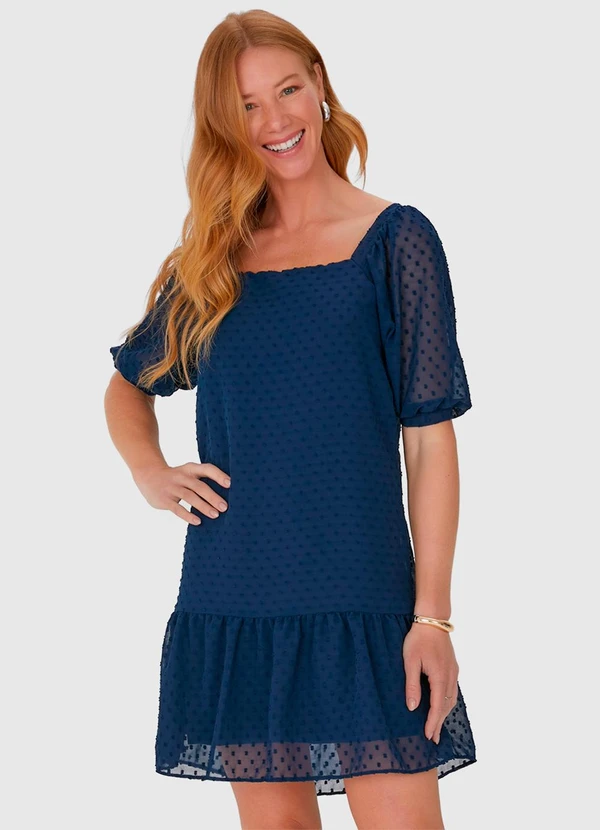 Malwee - Vestido Feminino Manga Bufante em Crepe Azul