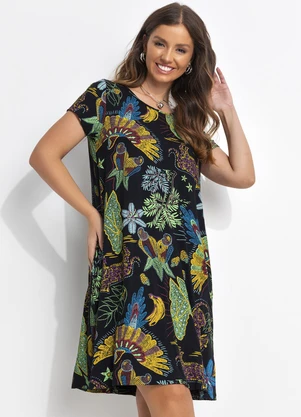 Quintess - Vestido Floresta Preta em Malha de Viscose - QUINTESS