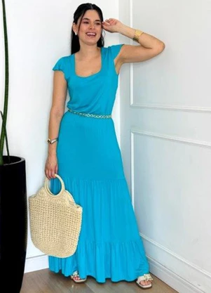 Doce Tom - Vestido Longo com Manga Curta e Recorte Azul - DOCE TOM