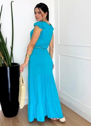 Doce Tom - Vestido Longo com Manga Curta e Recorte Azul - DOCE TOM