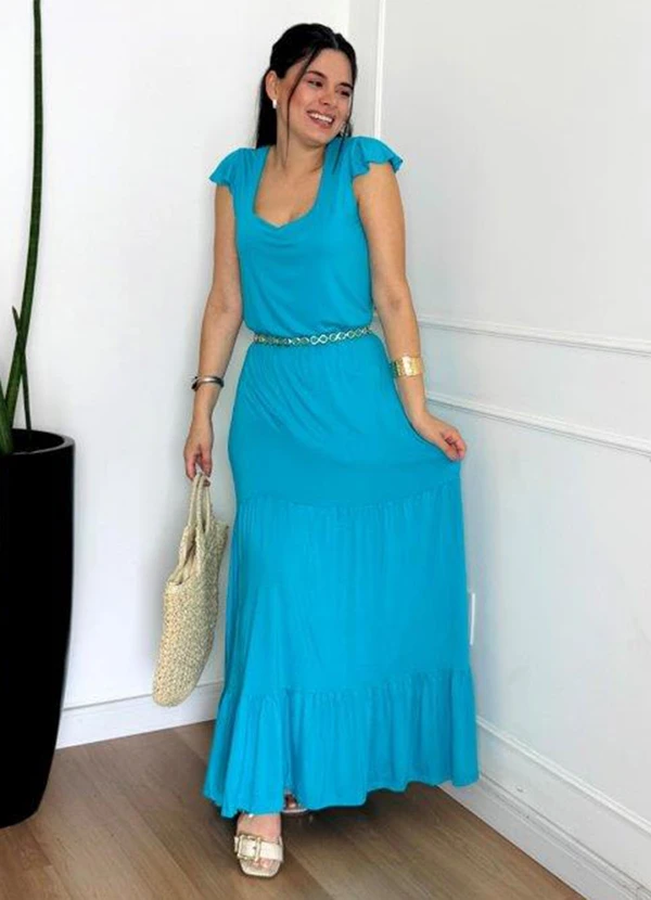 Doce Tom - Vestido Longo com Manga Curta e Recorte Azul 3