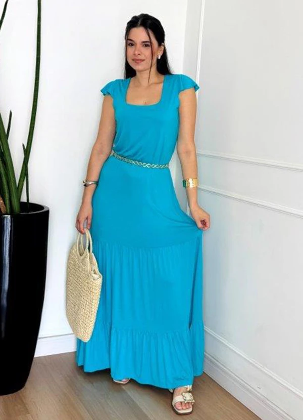 Doce Tom - Vestido Longo com Manga Curta e Recorte Azul 5