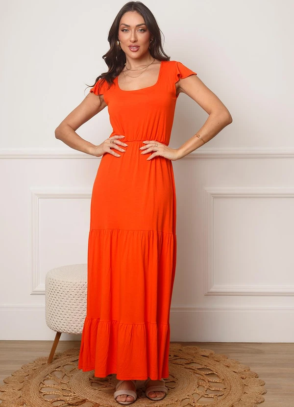 Doce Tom - Vestido Longo com Manga Curta e Recorte Laranja