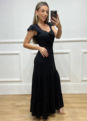 Doce Tom - Vestido Longo com Manga Curta e Recorte Preto - DOCE TOM