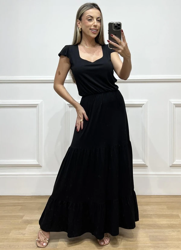 Doce Tom - Vestido Longo com Manga Curta e Recorte Preto