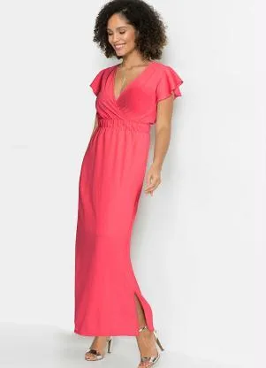 bonprix - Vestido Longo Manga com Babado Rosa - BONPRIX