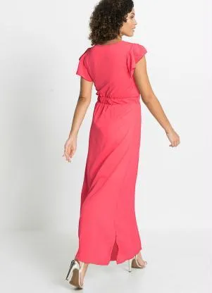 bonprix - Vestido Longo Manga com Babado Rosa - BONPRIX