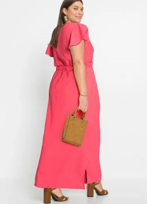bonprix - Vestido Longo Manga com Babado Rosa - BONPRIX
