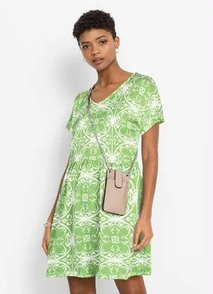 Queima Estoque - Vestido Manga Curta Decote V Verde/Branco - QUEIMA ESTOQUE