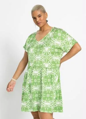 Queima Estoque - Vestido Manga Curta Decote V Verde/Branco - QUEIMA ESTOQUE