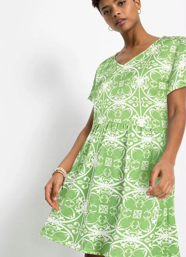 Queima Estoque - Vestido Manga Curta Decote V Verde/Branco 3