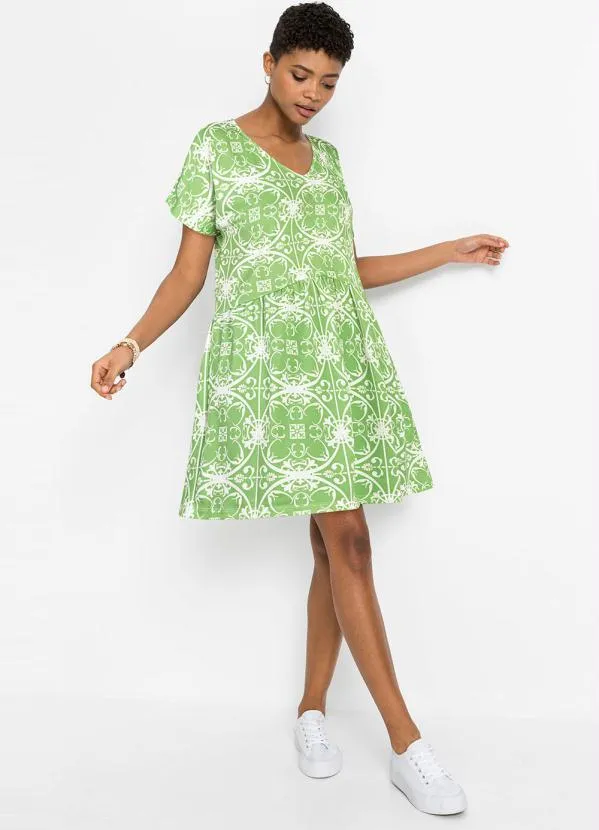 Queima Estoque - Vestido Manga Curta Decote V Verde/Branco 4