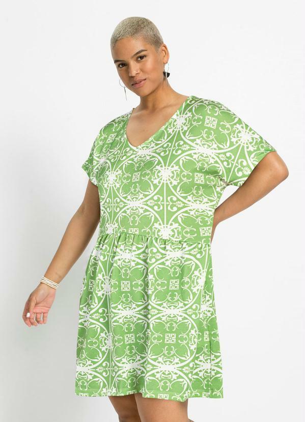 Outlet - Vestido Manga Curta Decote V Verde/Branco