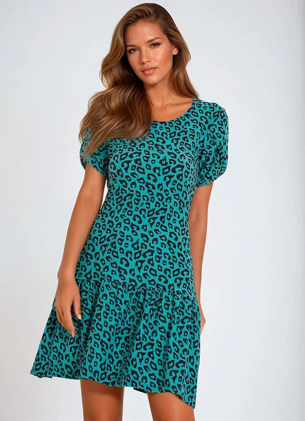 bonprix - Vestido Manga Tulipa Onça Azul