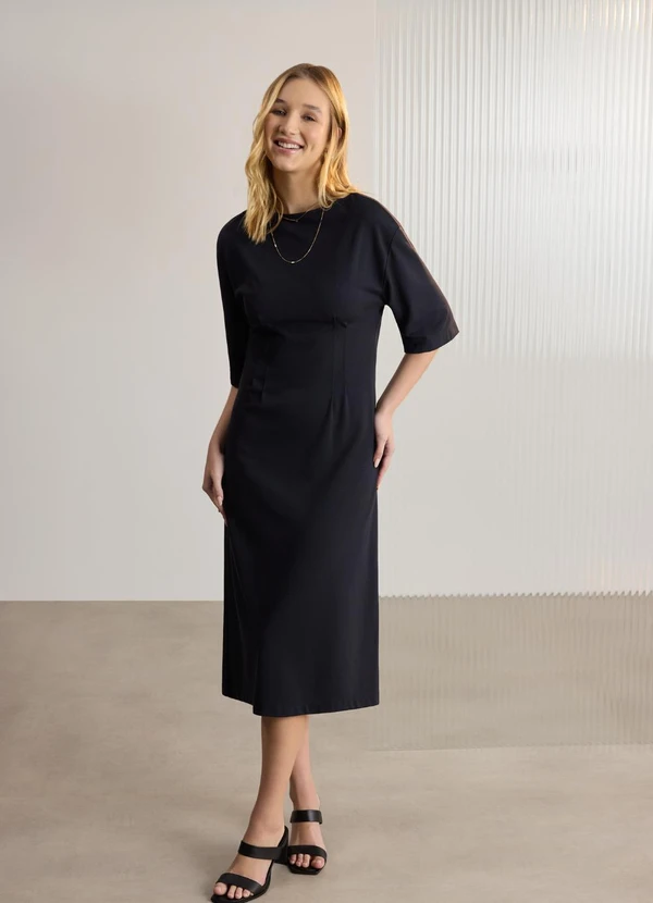 Lunender - Vestido Midi Chá de Mangas Curtas Preto