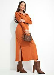 Vestido Alongado com Fenda Terracota