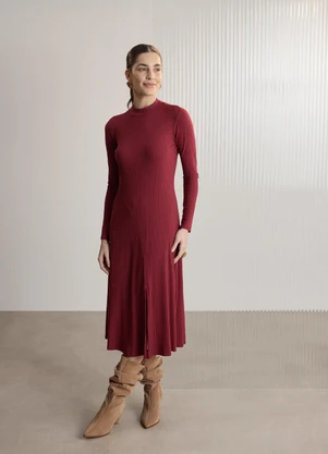Lunender - Vestido de Mangas Longas em Malha Canelada Bordo - LUNENDER