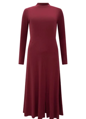 Lunender - Vestido de Mangas Longas em Malha Canelada Bordo - LUNENDER