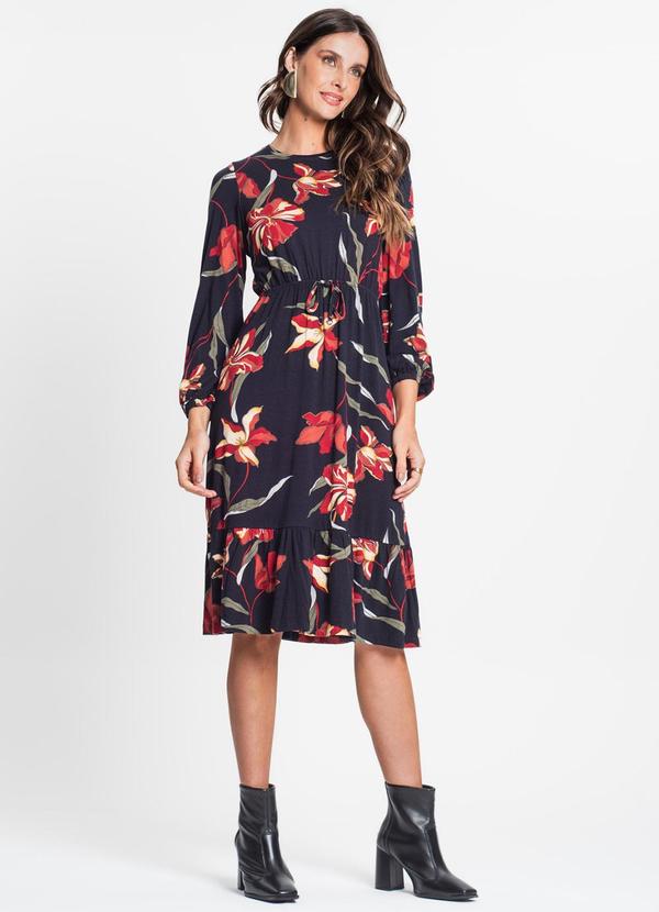 Rovitex - Vestido Feminino Manga Longa Florido Preto