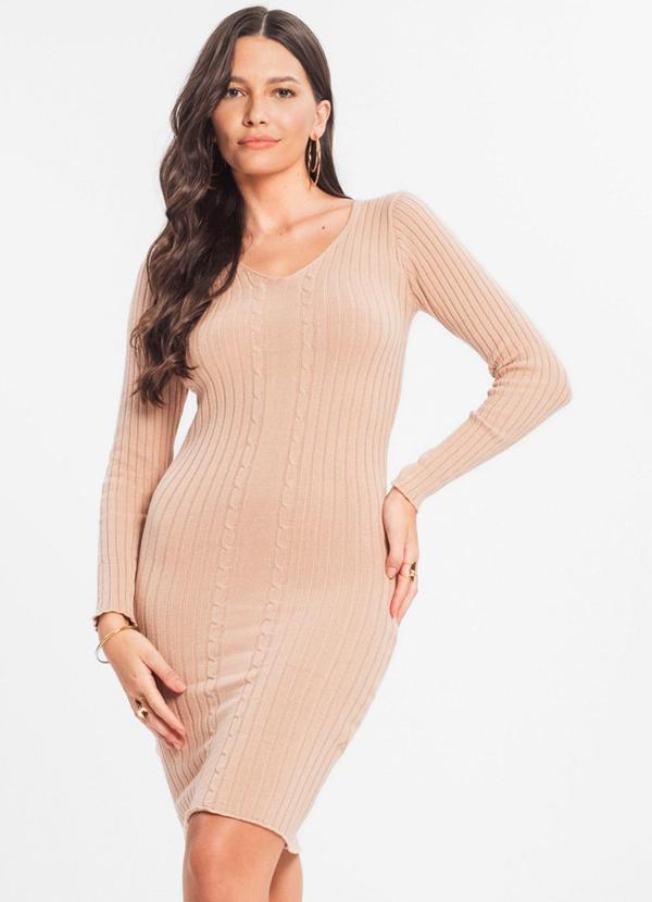 Select - Vestido Feminino Manga Longa Tricot Modal Bege