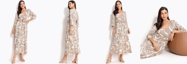 Vestido Floral Bege em Malha de Viscose