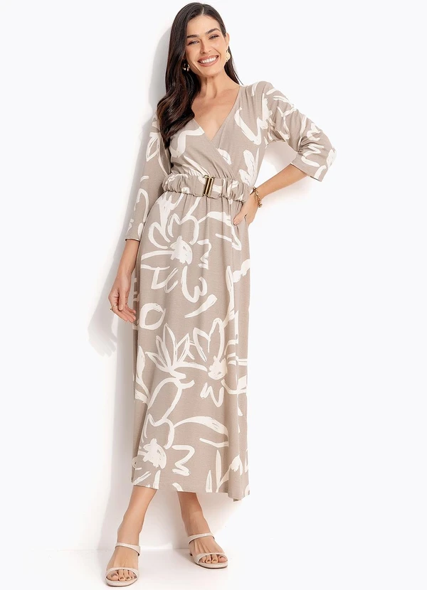 Quintess - Vestido Floral Bege em Malha de Viscose
