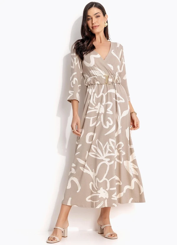 Quintess - Vestido Floral Bege em Malha de Viscose 3