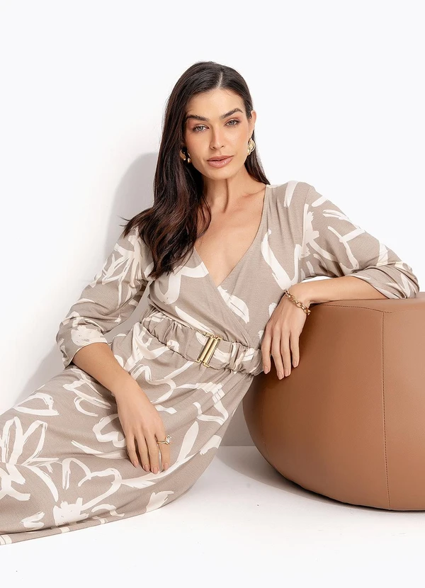 Quintess - Vestido Floral Bege em Malha de Viscose 5