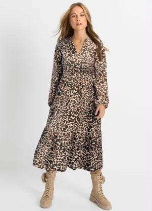 bonprix Vestido Longuete Onça Marrom