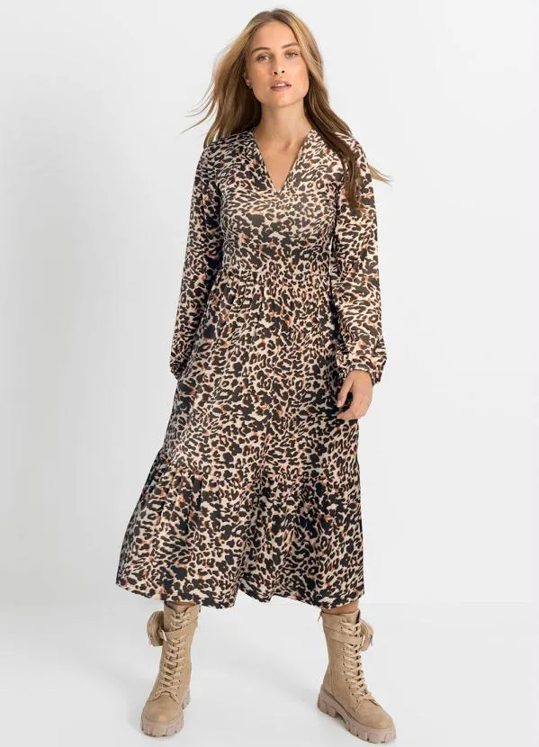 bonprix - Vestido Longuete Onça Marrom