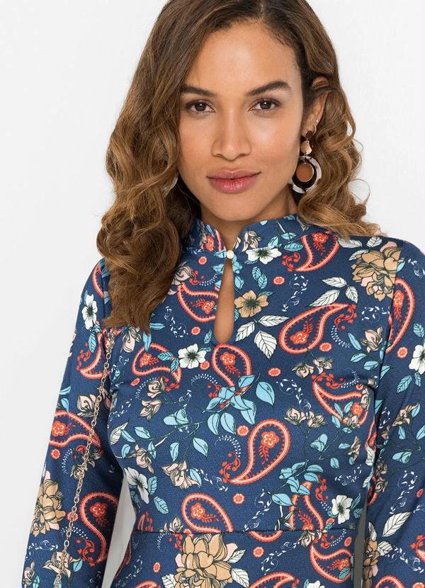 Outlet - Vestido Manga Longa com Babado Paisley Azul 3
