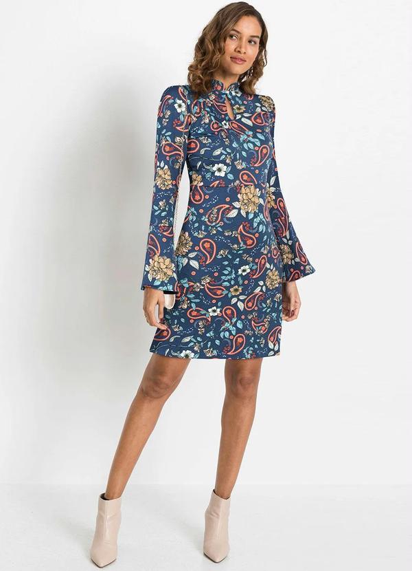 Outlet - Vestido Manga Longa com Babado Paisley Azul 4