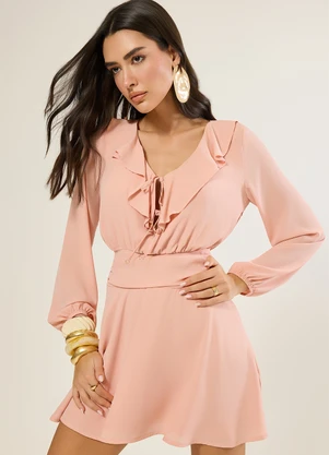 Naguchi - Vestido Manga Longa com Babados Nude Rosado - NAGUCHI