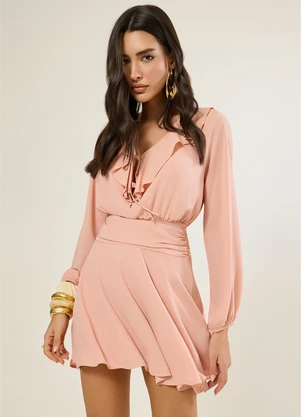 Naguchi - Vestido Manga Longa com Babados Nude Rosado - NAGUCHI