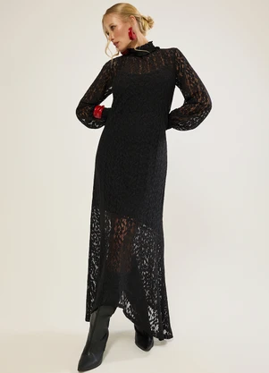 Naguchi - Vestido Manga Longa com Sobreposicao Preto - NAGUCHI