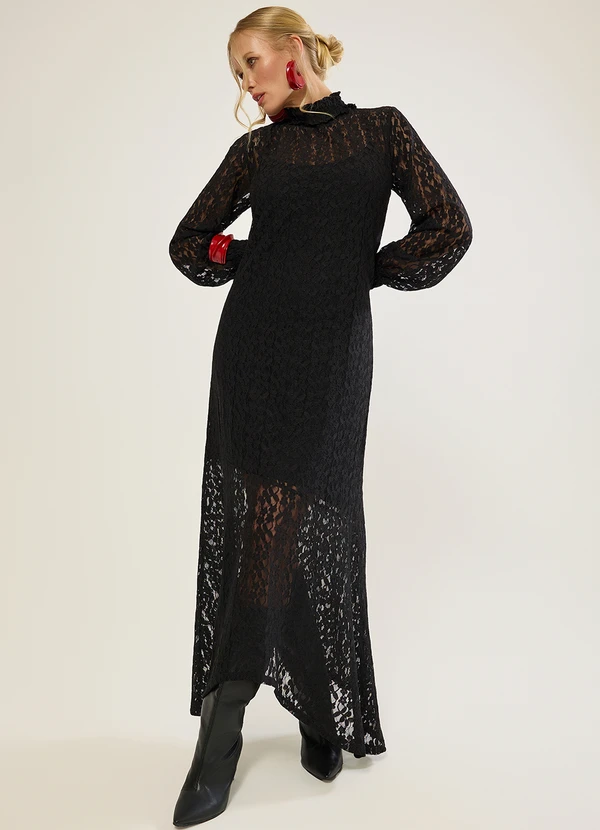 Naguchi - Vestido Manga Longa com Sobreposicao Preto