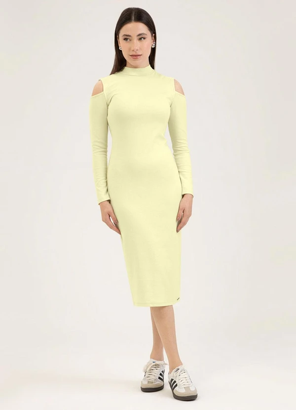 Cativa - Vestido Midi em Canelado Amarelo Claro