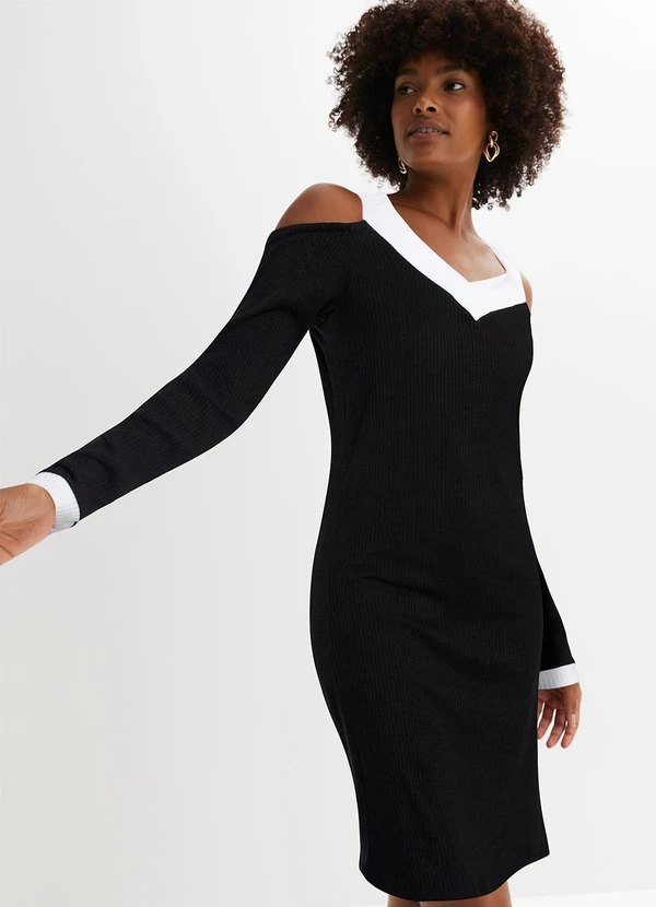 bonprix - Vestido Preto/Branco em Canelado