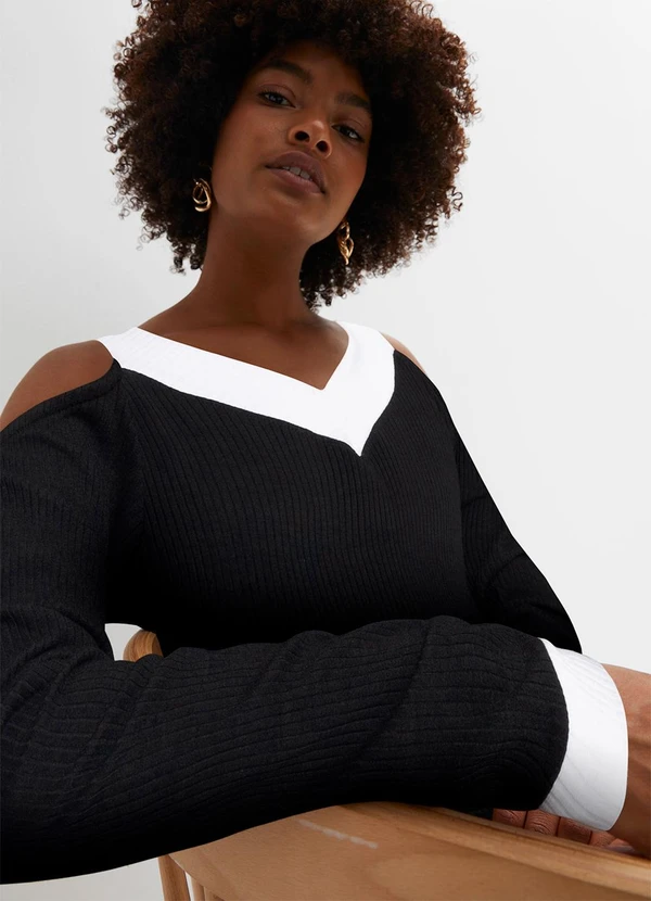 bonprix - Vestido Preto/Branco em Canelado 1