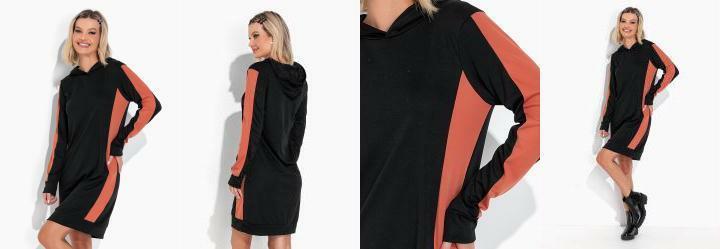 Vestido Preto e Marrom com Capuz e Recortes