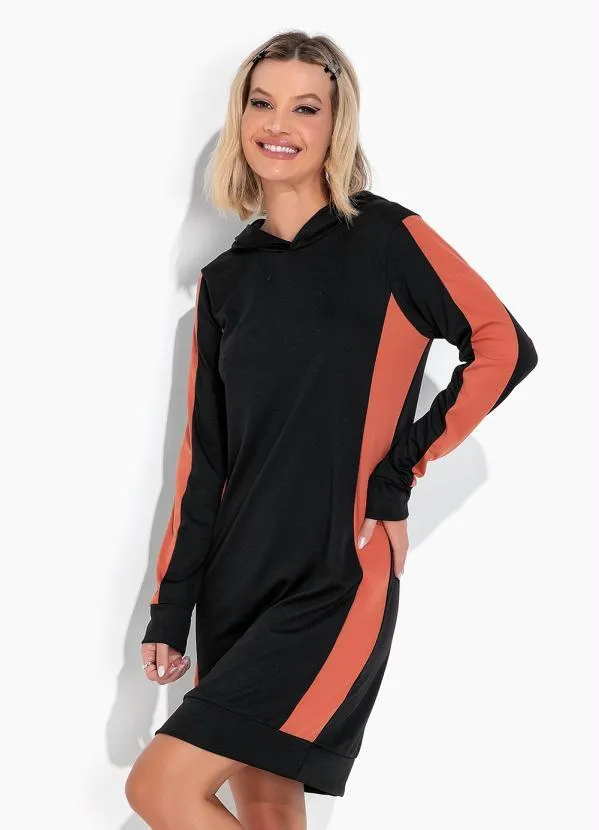 Moda Pop - Vestido Preto e Marrom com Capuz e Recortes