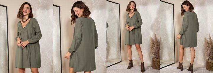 Vestido Verde Oliva em Viscose Plana