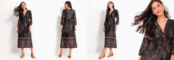 Vestido Longuete Abacaxi Tropical em Malha Fria com Manga 3/4