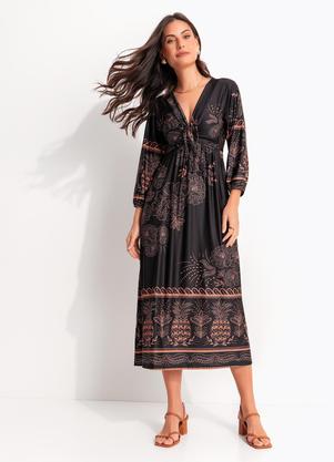 Vestido Longuete Abacaxi Tropical em Malha Fria com Manga 3/4