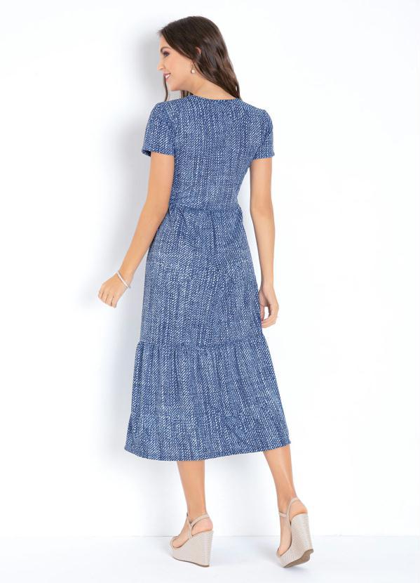 Moda Pop - Vestido Abstrato Azul com Mangas e Babados 2