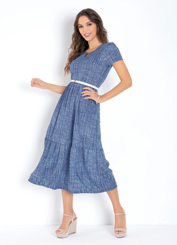 Moda Pop - Vestido Abstrato Azul com Mangas e Babados 3